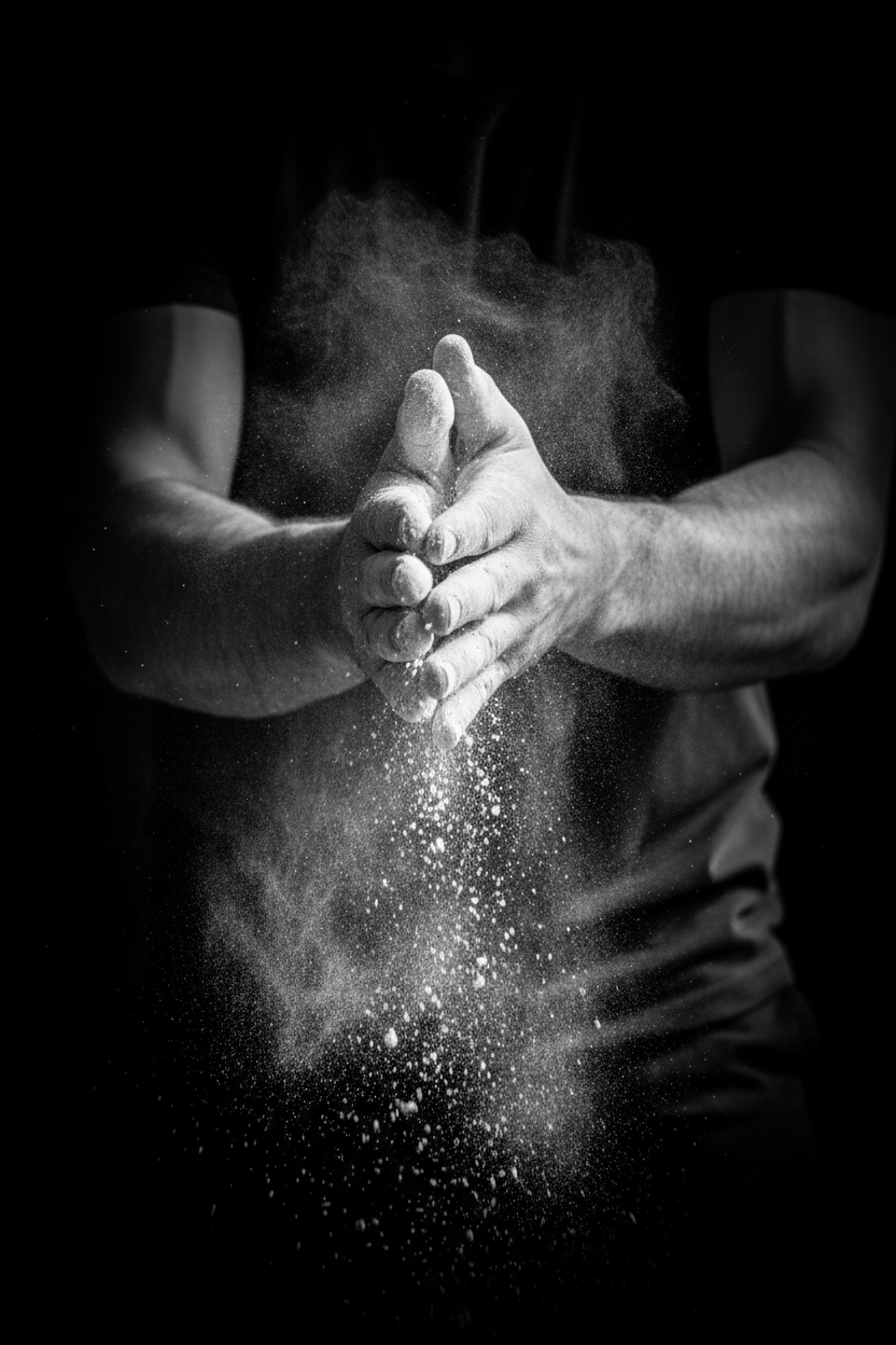 Black and white photograph of a person's hands rubbing together, creating a dramatic cloud chalk powder against a dark background.